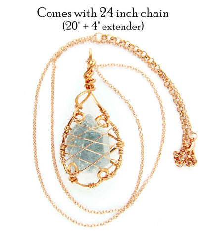 Raw Blue Celestite Crystal Teardrop Pendant Necklace, Copper Wire-Wrapped, Handmade