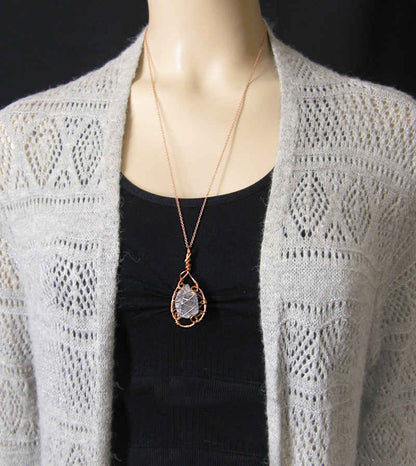 Raw Blue Celestite Crystal Teardrop Pendant Necklace, Copper Wire-Wrapped, Handmade