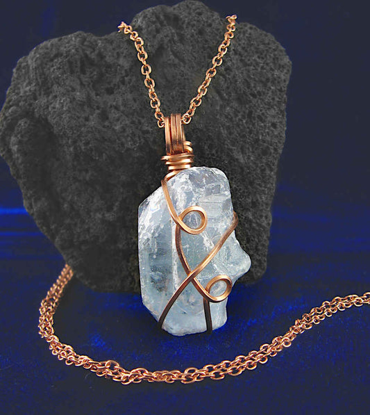 Celestite Crystal Wire-Wrapped Pendant in Copper, Sky-Blue Gemstone Necklace, Handmade