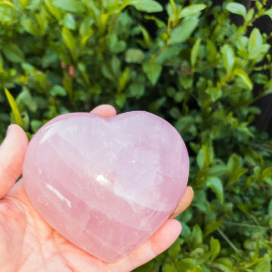 Heart-shaped pink crystal held in a hand with a green leafy background