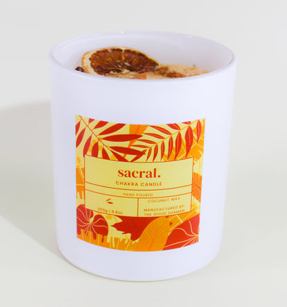 Candle with a colorful label on a white background