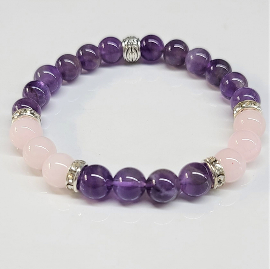 Amethyst & Rose Quartz Round Bead Bracelet - Ancestral Protection