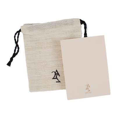 Beige drawstring bag and card with a logo on a white background
