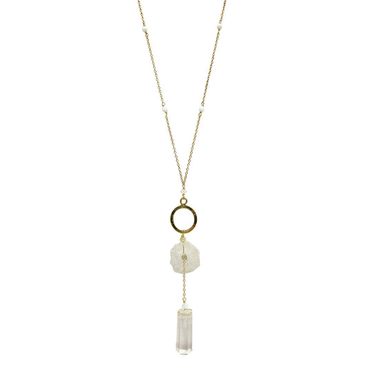 Necklace with circular pendant and crystal elements on a white background