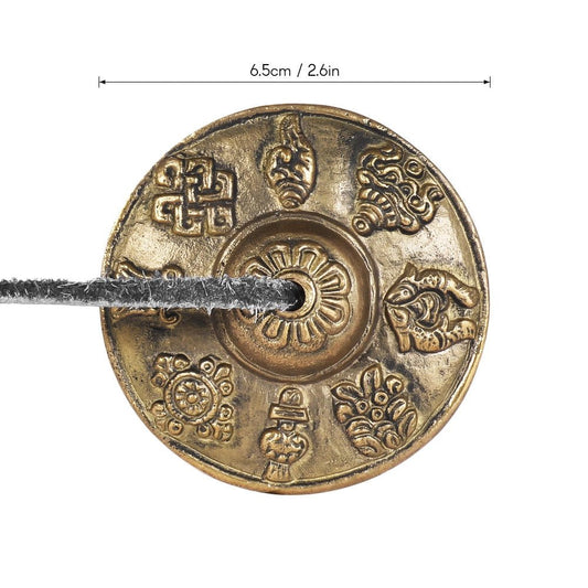 Bronze Tibetan meditation chimes with intricate designs and a measurement label on a white background