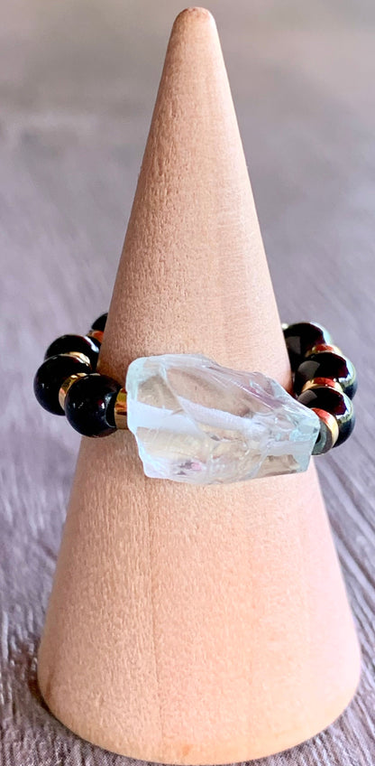 Zaida Handmade Light Blue Topaz, Black Tourmaline, and Gold Hematite Expandable Ring