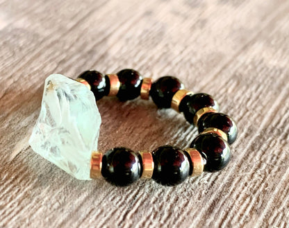 Zaida Handmade Light Blue Topaz, Black Tourmaline, and Gold Hematite Expandable Ring