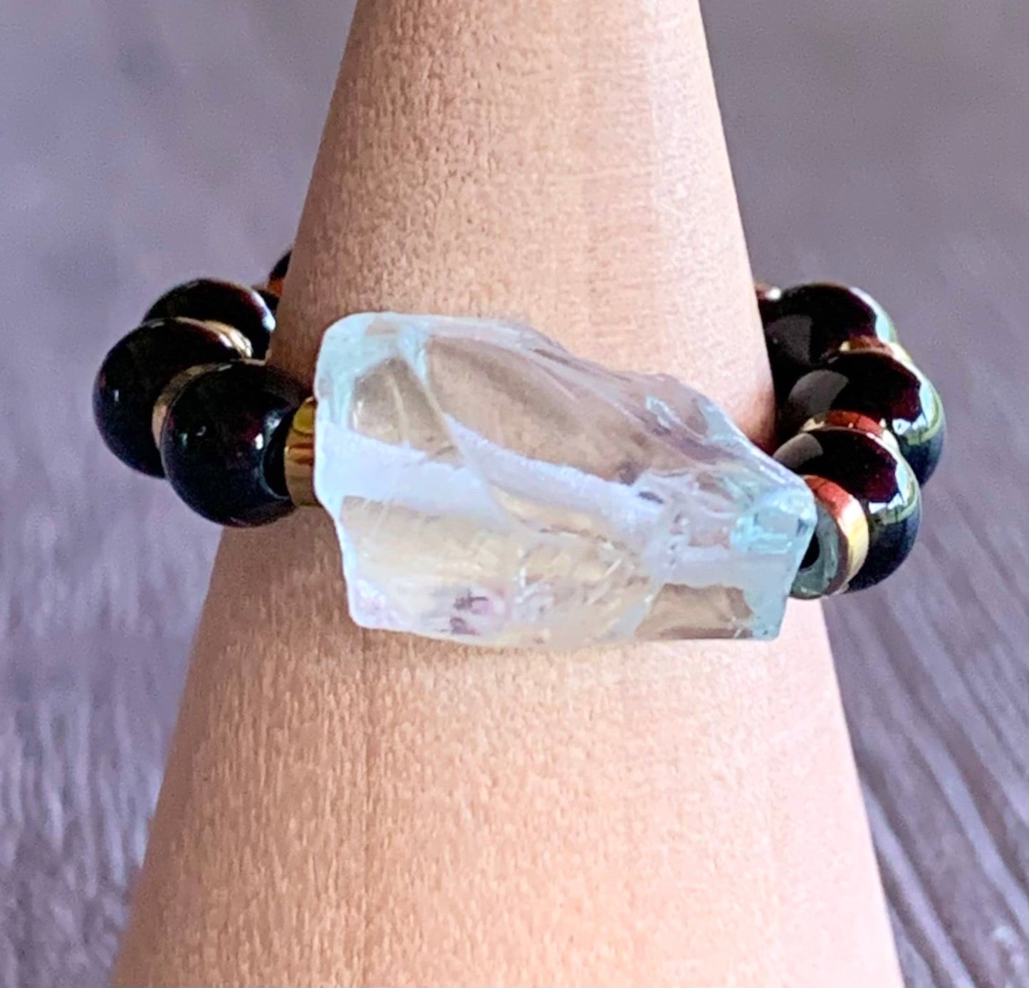Zaida Handmade Light Blue Topaz, Black Tourmaline, and Gold Hematite Expandable Ring