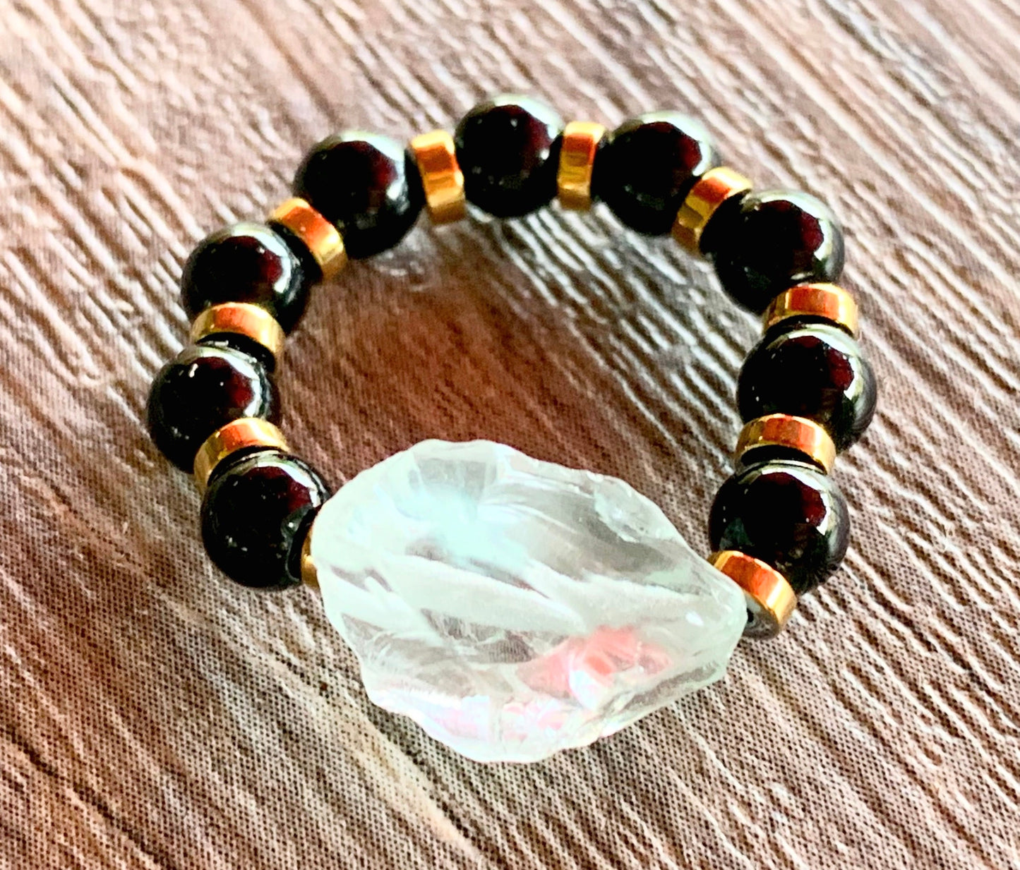 Zaida Handmade Light Blue Topaz, Black Tourmaline, and Gold Hematite Expandable Ring