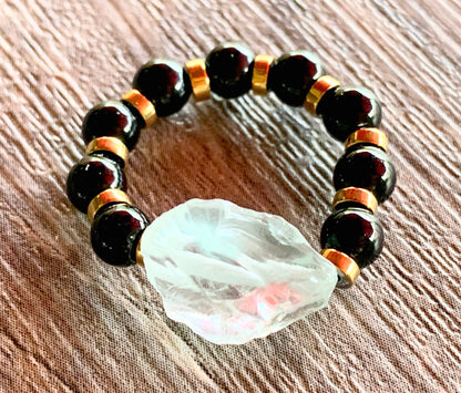 Zaida Handmade Light Blue Topaz, Black Tourmaline, and Gold Hematite Expandable Ring