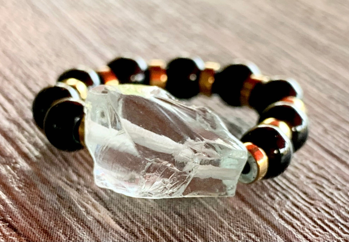 Zaida Handmade Light Blue Topaz, Black Tourmaline, and Gold Hematite Expandable Ring