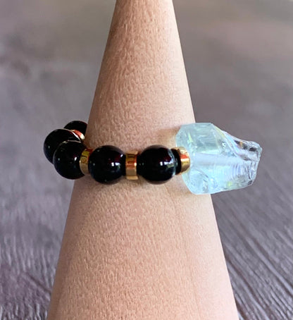 Zaida Handmade Light Blue Topaz, Black Tourmaline, and Gold Hematite Expandable Ring