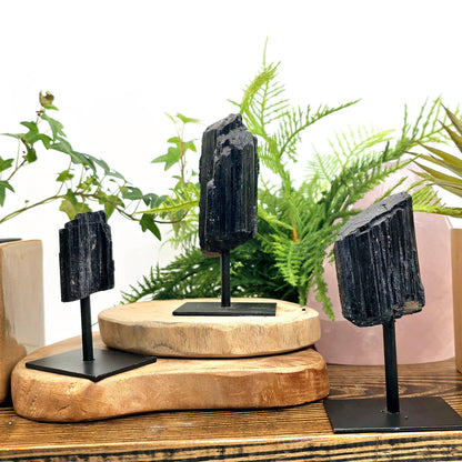 Black Tourmaline Cluster on Metal Stand