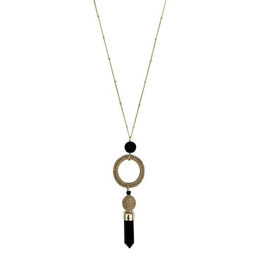 Black agate necklace with circular and cylindrical beads on a white background