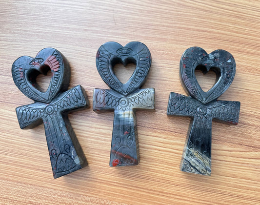 Bloodstone Ankh for Healing and Protection, Egyptian Heart 6 Inch - Ethereal Essentials