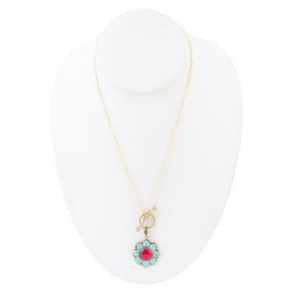 Blue Turquoise and Red Quartz Golden Chain Necklace