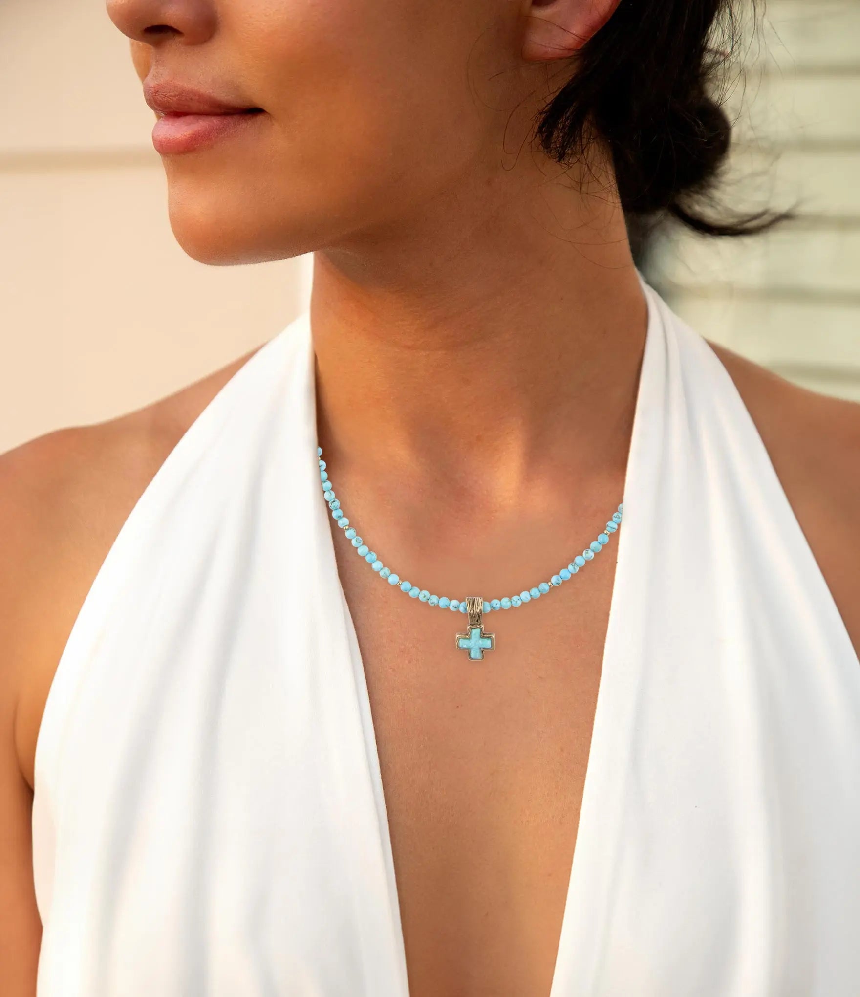 Blue Turquoise Cross Golden Pendant Necklace Barse Jewelry