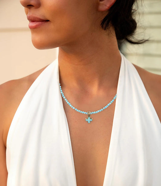 Blue Turquoise Cross Golden Pendant Necklace Barse Jewelry