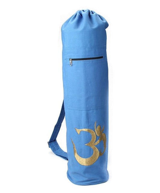 Blue yoga bag with a gold OM symbol on a white background