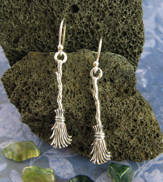 Witch's Broom Earrings, Handmade - 925 Sterling Silver