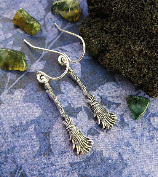 Witch's Broom Earrings, Handmade - 925 Sterling Silver