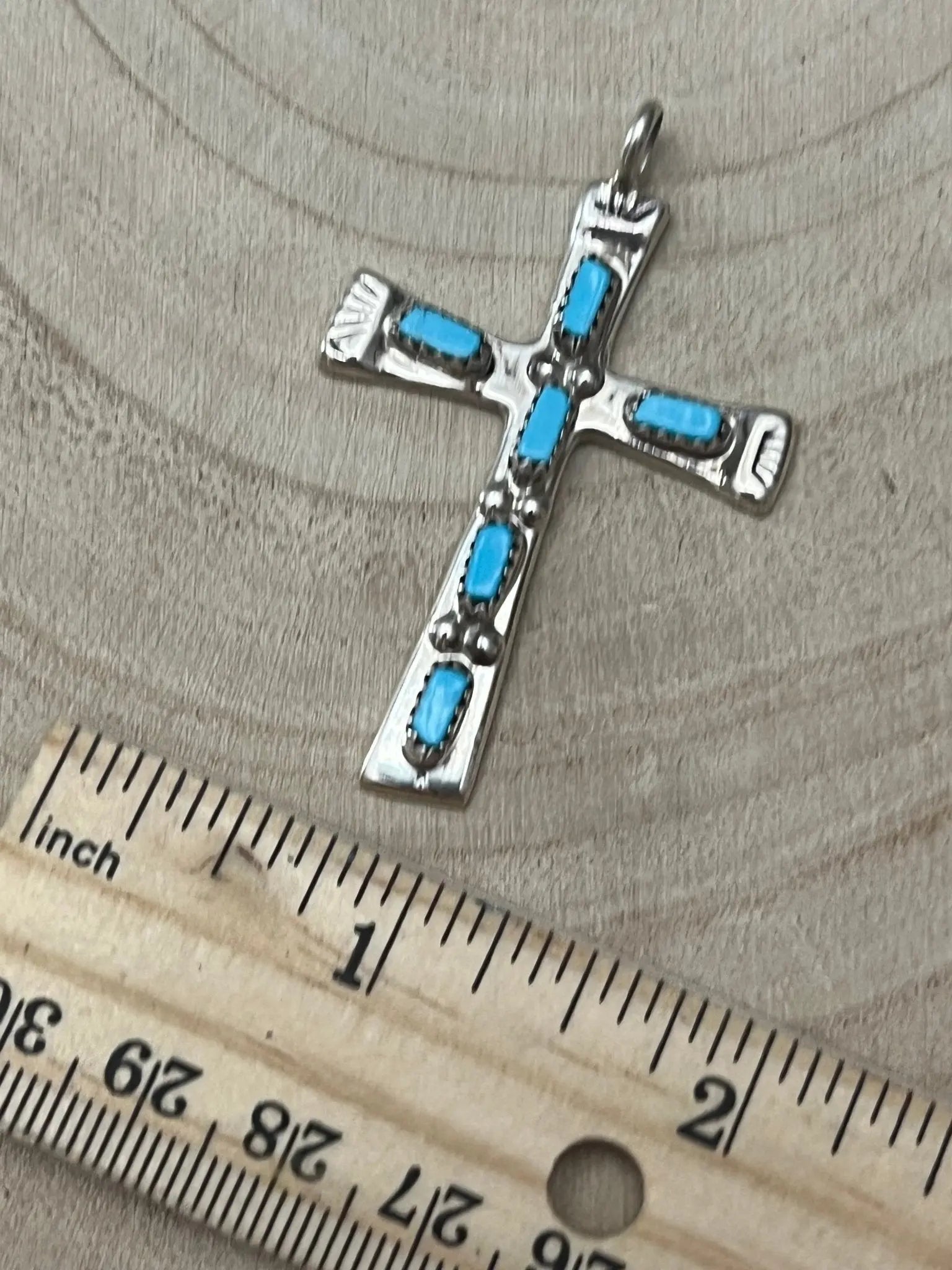 C. Iule Zuni Handmade Turquoise Cross Pendant Cowhide and Conchos