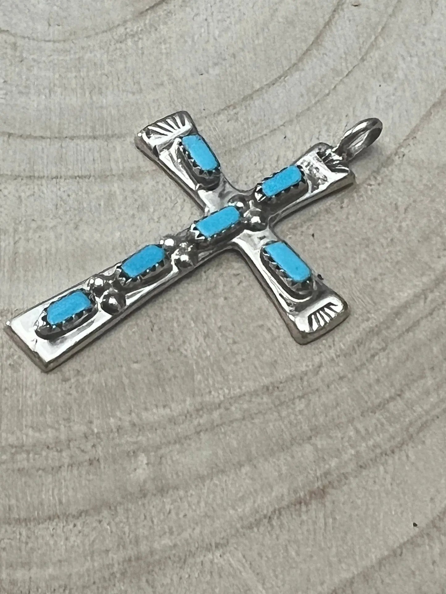 C. Iule Zuni Handmade Turquoise Cross Pendant Cowhide and Conchos