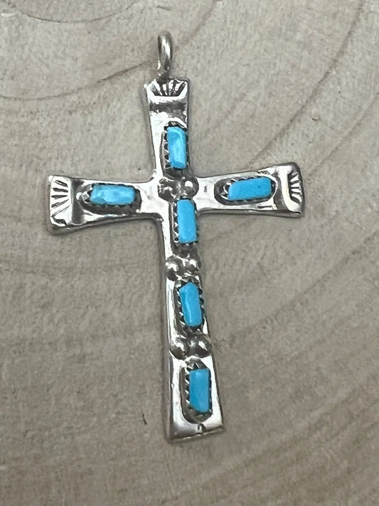 C. Iule Zuni Handmade Turquoise Cross Pendant Cowhide and Conchos