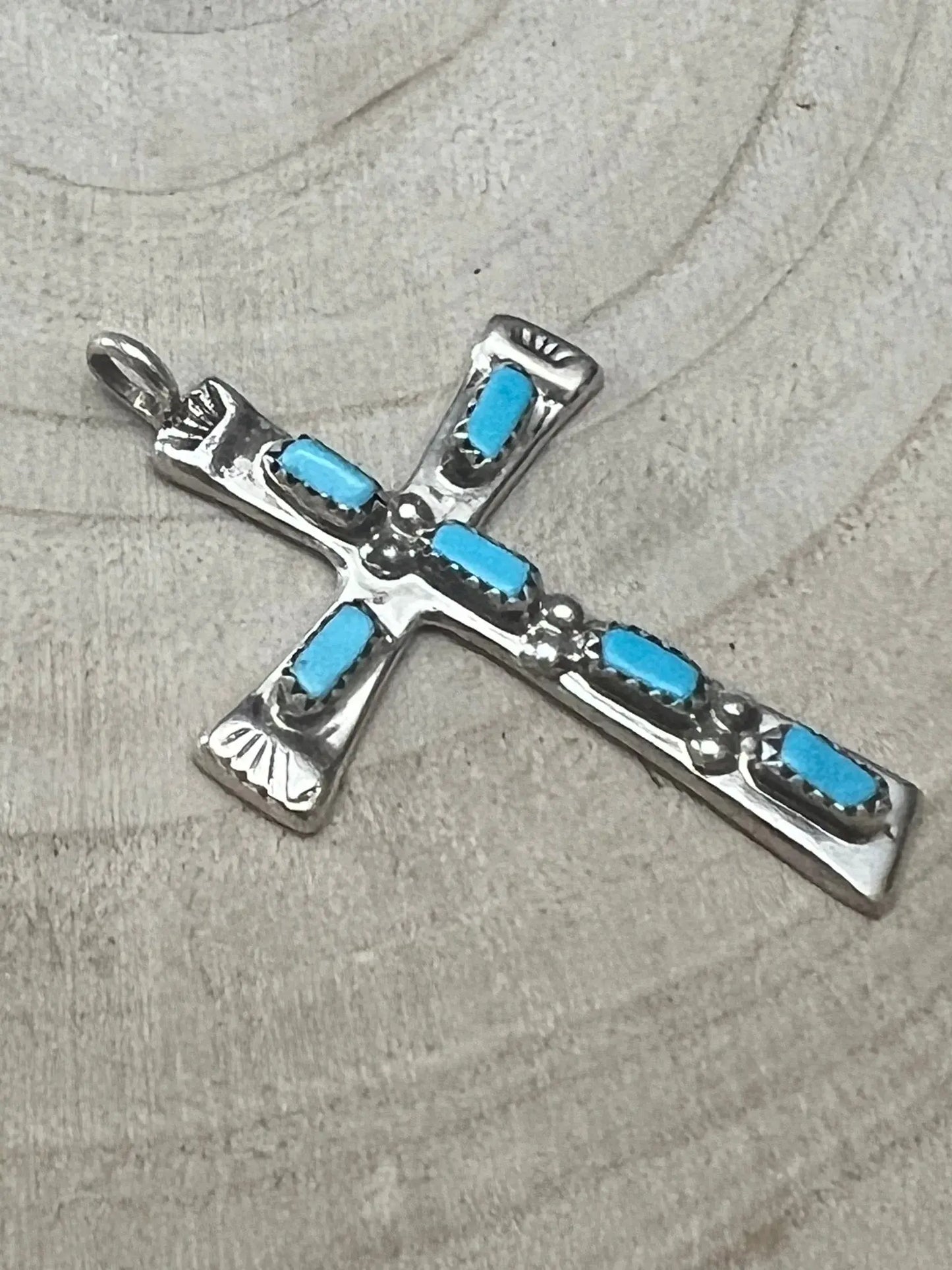 C. Iule Zuni Handmade Turquoise Cross Pendant Cowhide and Conchos