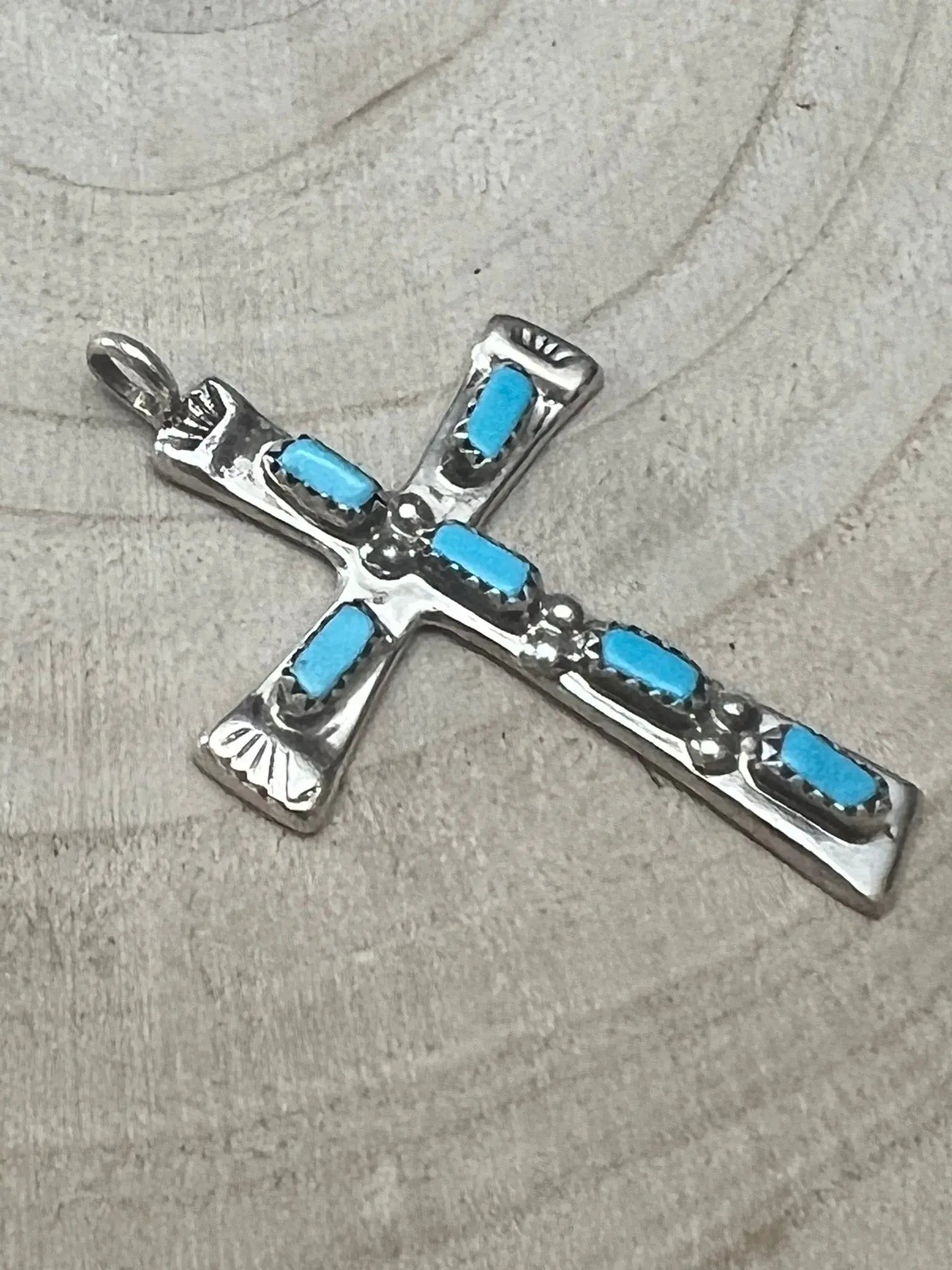 C. Iule Zuni Handmade Turquoise Cross Pendant Cowhide and Conchos