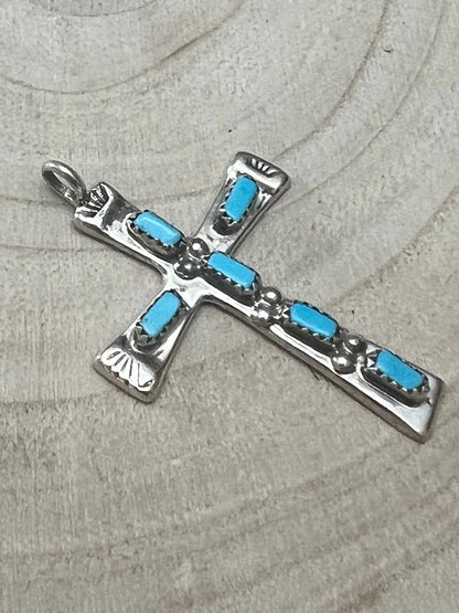 C. Iule Zuni Handmade Turquoise Cross Pendant Cowhide and Conchos
