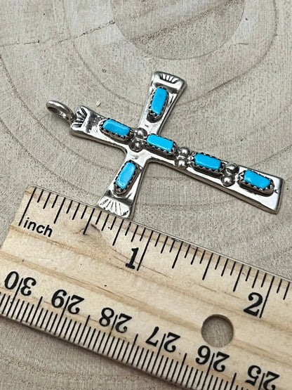C. Iule Zuni Handmade Turquoise Cross Pendant Cowhide and Conchos