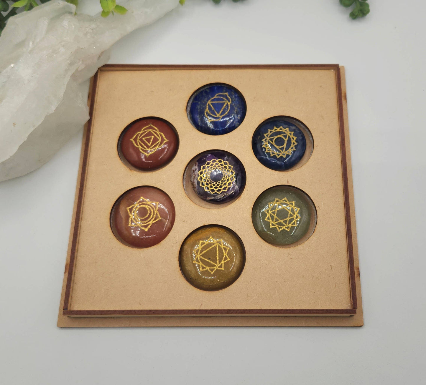 Chakra Crystal Set-Round Shape-Flower of Life   Wooden Box