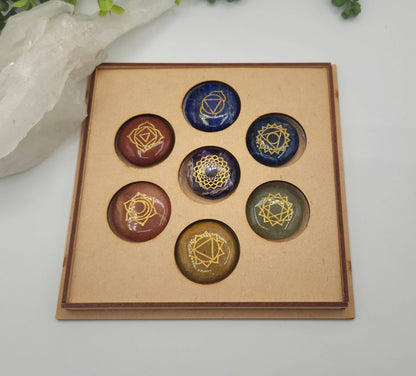 Chakra Crystal Set-Round Shape-Flower of Life   Wooden Box
