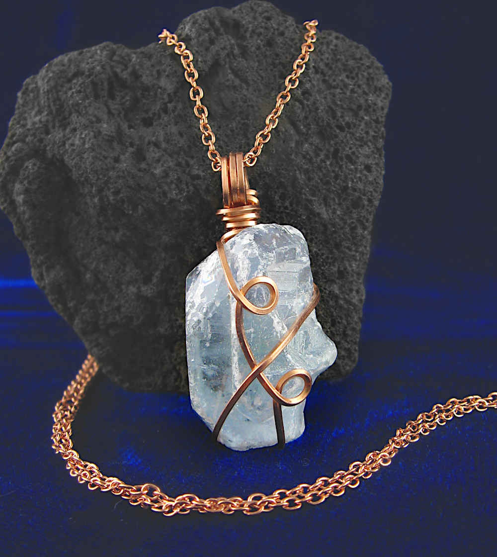 Celestite Crystal Wire-Wrapped Pendant in Copper, Sky-Blue Gemstone Necklace, Handmade - Ethereal Essentials