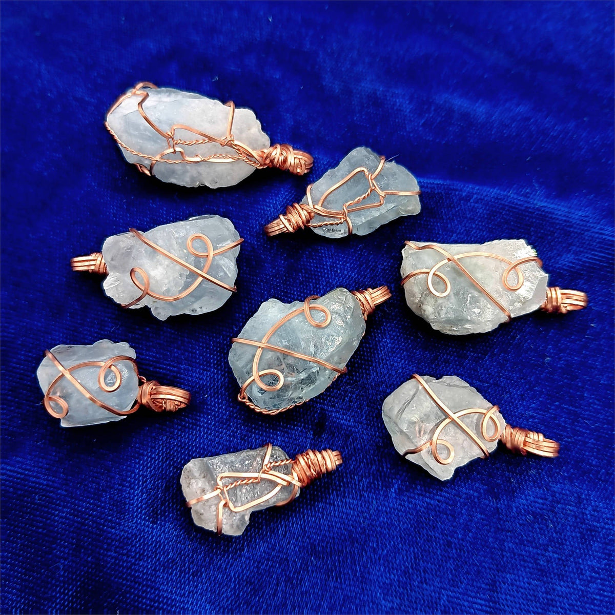 Celestite Crystal Wire-Wrapped Pendant in Copper, Sky-Blue Gemstone Necklace, Handmade - Ethereal Essentials