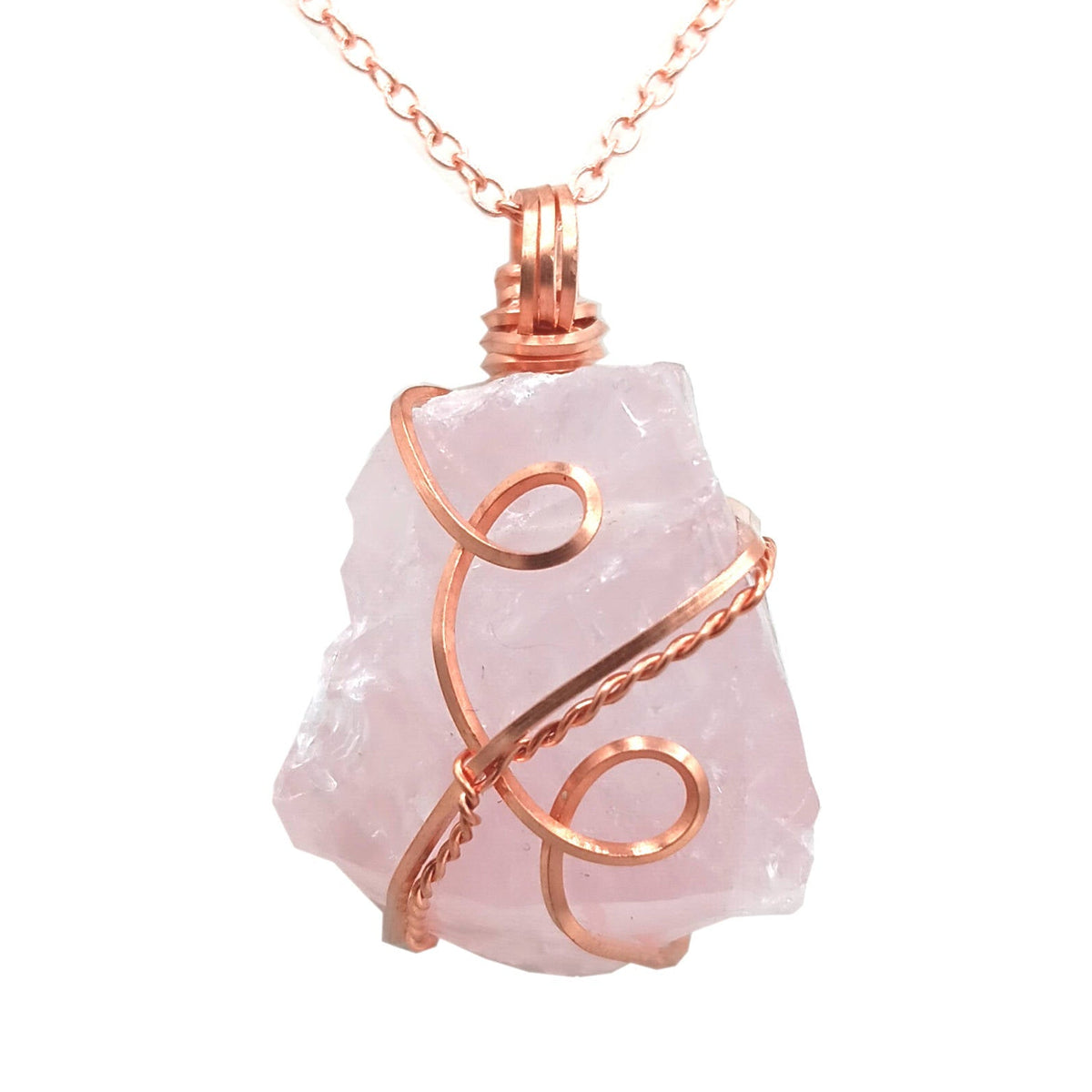 Chunky Raw Rose Quartz Copper Wire-Wrapped Pendant – Handmade Healing Crystal Necklace for Love & Heart Chakra - Ethereal Essentials
