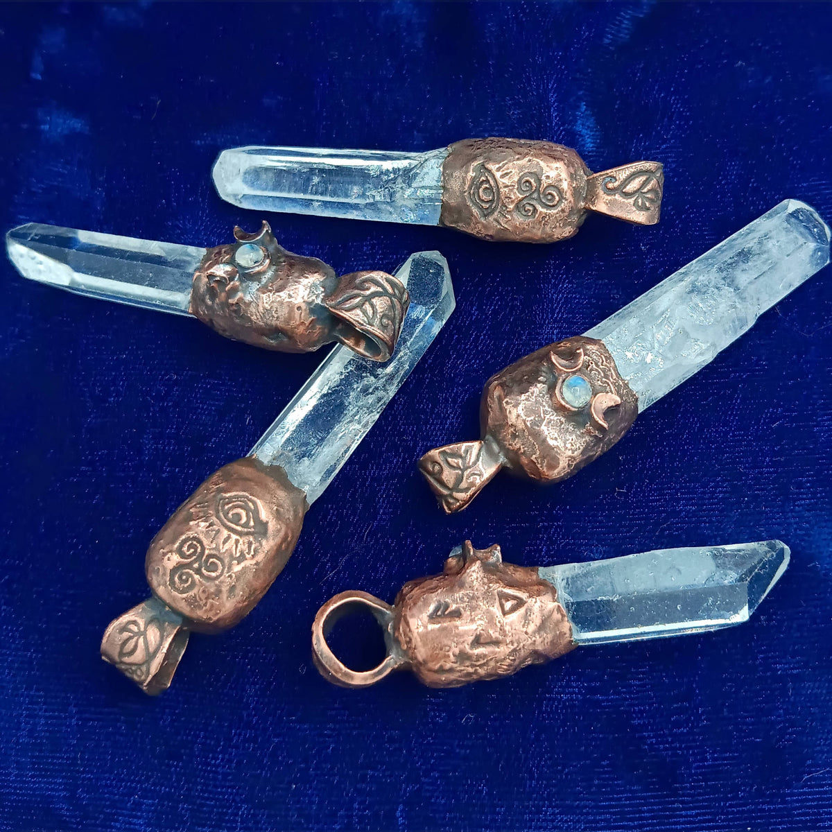 Clear Quartz Copper Pendant – Triple Moon Rune Amulet, Handmade Crystal Jewelry - Ethereal Essentials