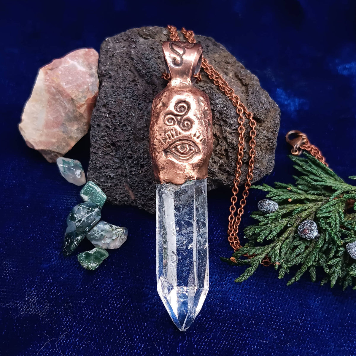Clear Quartz Copper Pendant – Triple Moon Rune Amulet, Handmade Crystal Jewelry - Ethereal Essentials