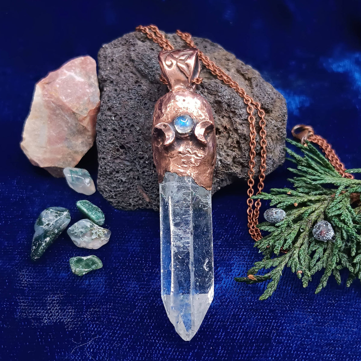 Clear Quartz Copper Pendant – Triple Moon Rune Amulet, Handmade Crystal Jewelry - Ethereal Essentials