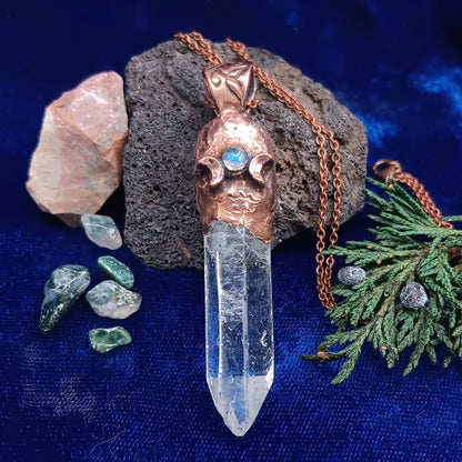 Clear Quartz Copper Pendant – Triple Moon Rune Amulet, Handmade Crystal Jewelry - Ethereal Essentials