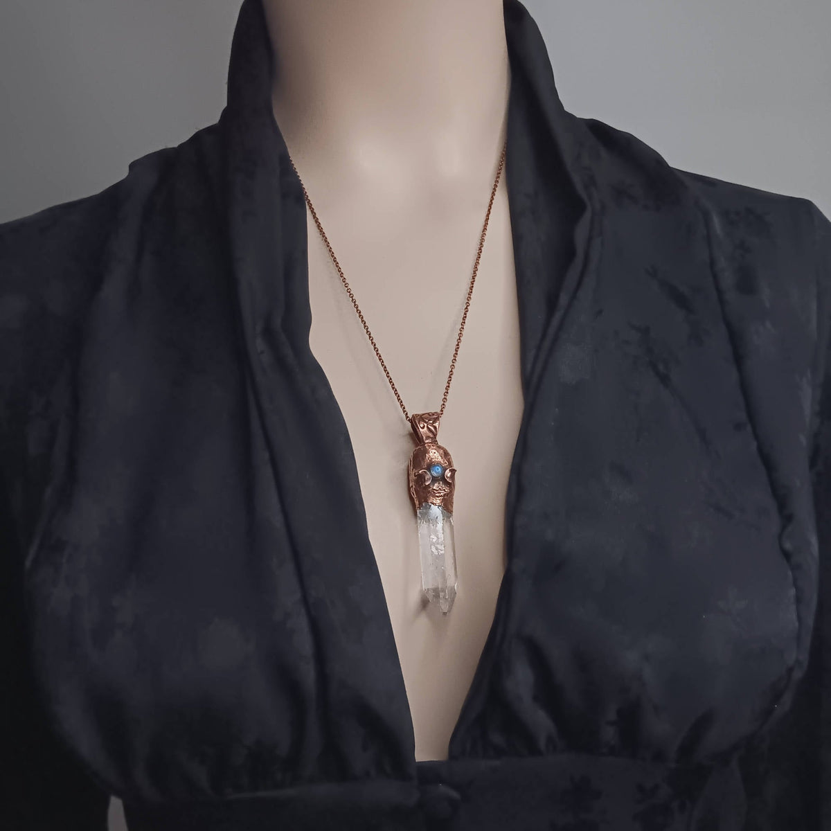 Clear Quartz Copper Pendant – Triple Moon Rune Amulet, Handmade Crystal Jewelry - Ethereal Essentials