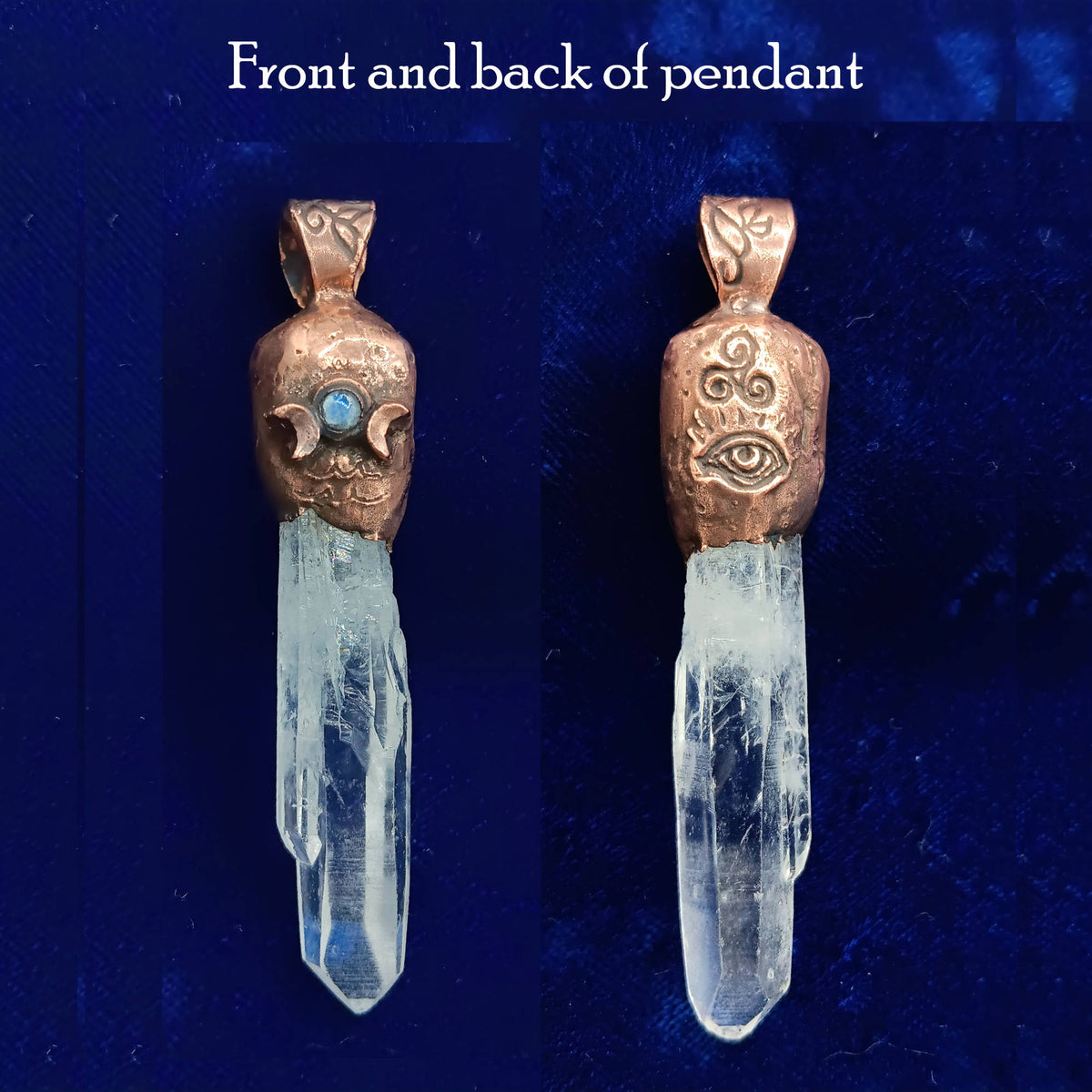 Clear Quartz Copper Pendant – Triple Moon Rune Amulet, Handmade Crystal Jewelry - Ethereal Essentials