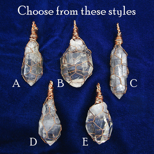 Clear Smoky Raw Quartz Crystal Pendant Necklace, Copper Wire-Wrapped, Handmade, with 20" Chain - Ethereal Essentials