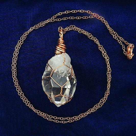 Clear Smoky Raw Quartz Crystal Pendant Necklace, Copper Wire-Wrapped, Handmade, with 20" Chain - Ethereal Essentials