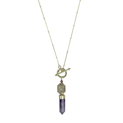 Necklace with a pendant featuring a purple crystal on a white background