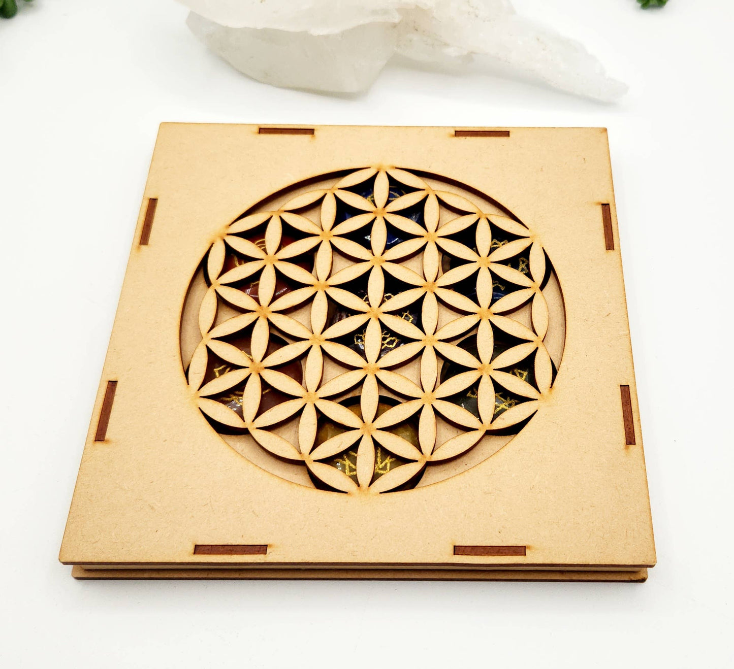 Chakra Crystal Set-Round Shape-Flower of Life   Wooden Box