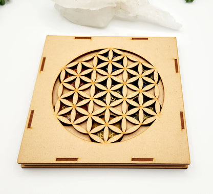 Chakra Crystal Set-Round Shape-Flower of Life   Wooden Box
