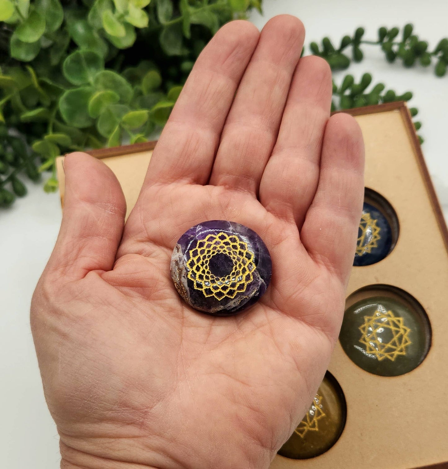 Chakra Crystal Set-Round Shape-Flower of Life   Wooden Box