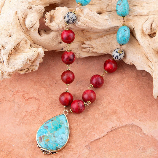 Blue and Red Turquoise Teardrop Golden Necklace